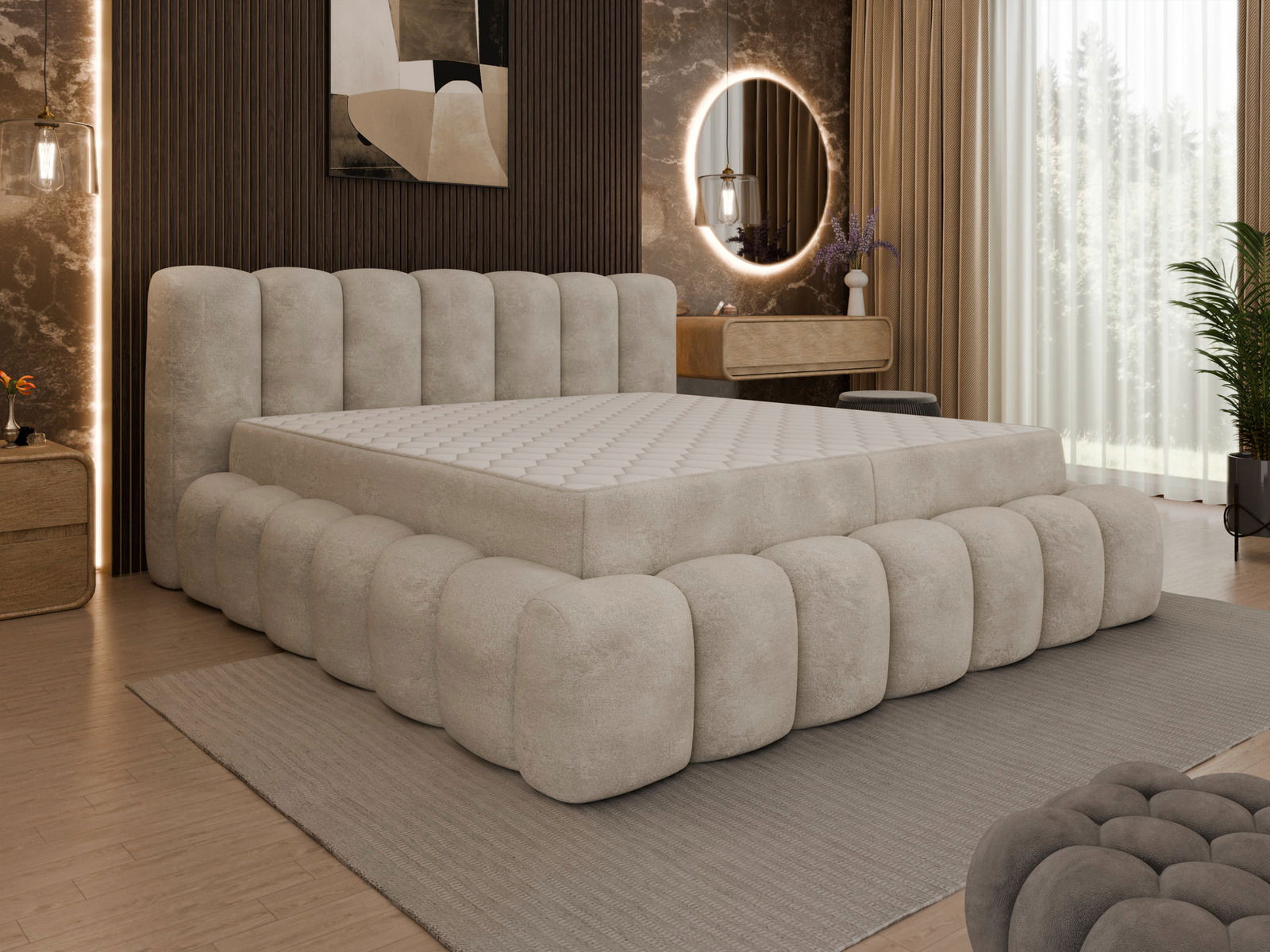 Modernes Polsterbett in einem stilvollen Schlafzimmer, seitliche Perspektive