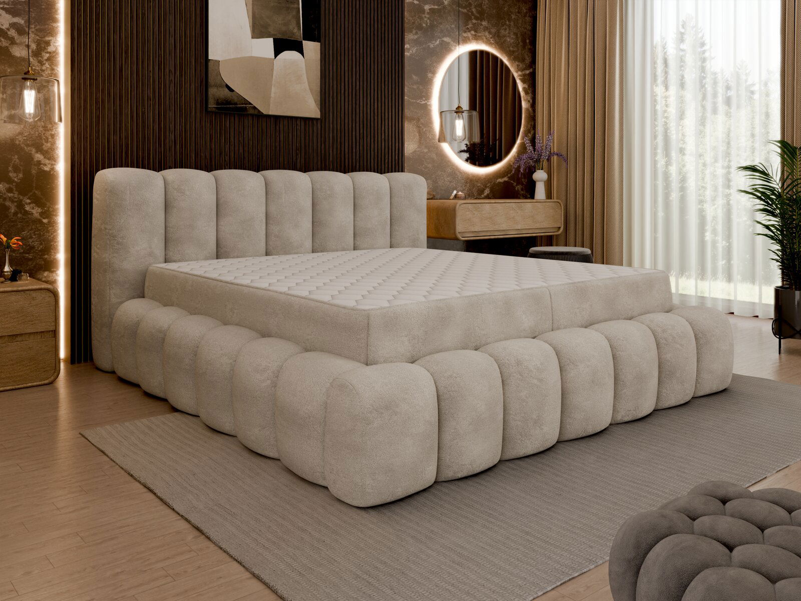 Modernes Polsterbett in einem stilvollen Schlafzimmer, seitliche Perspektive