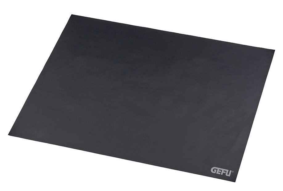 Schwarze Dauerbackfolie von oben betrachtet, rechteckig mit GEFU-Logo in der Ecke.