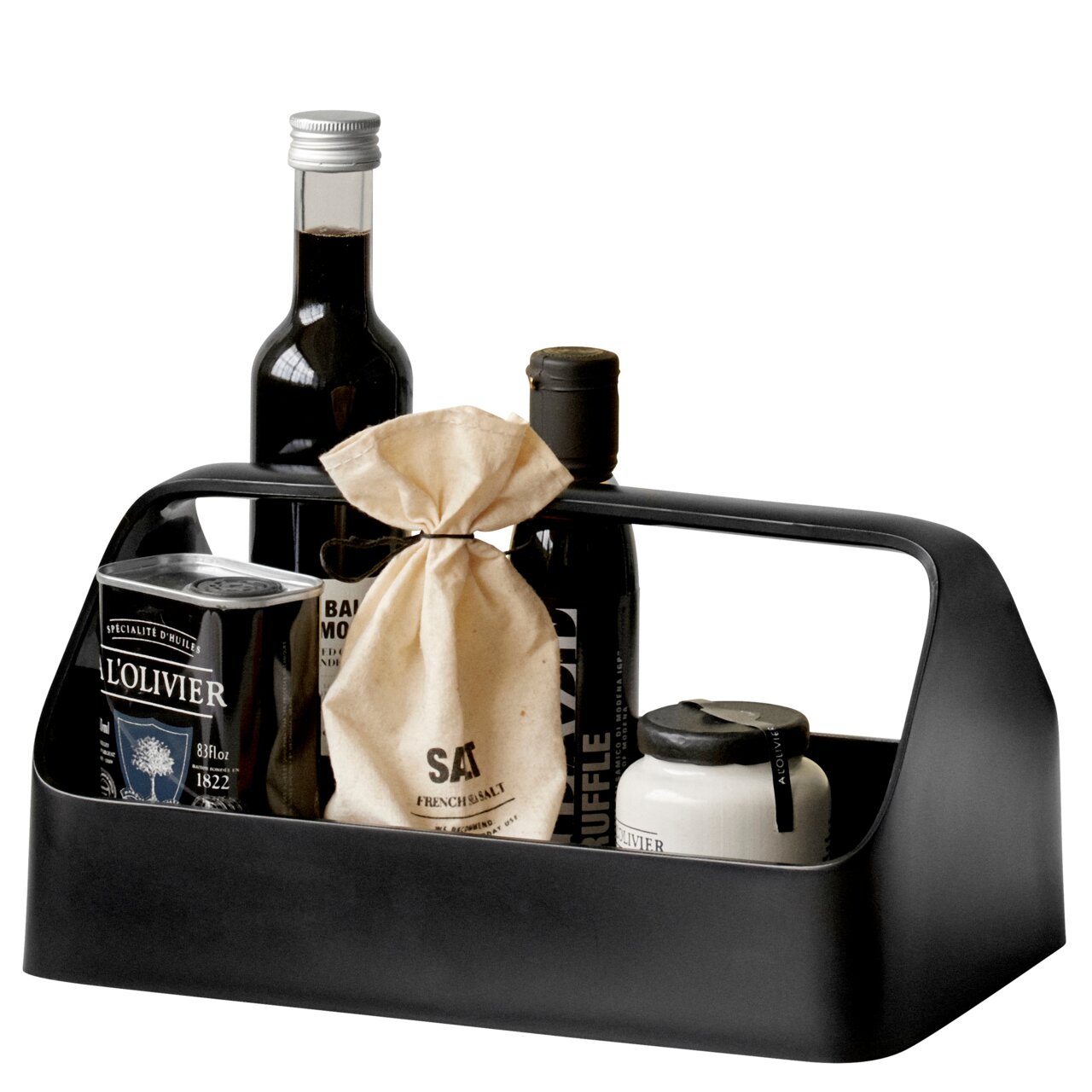 Schwarze Aufbewahrungsbox mit Griff, gefüllt mit verschiedenen Flaschen und einem Beutel, seitliche Perspektive