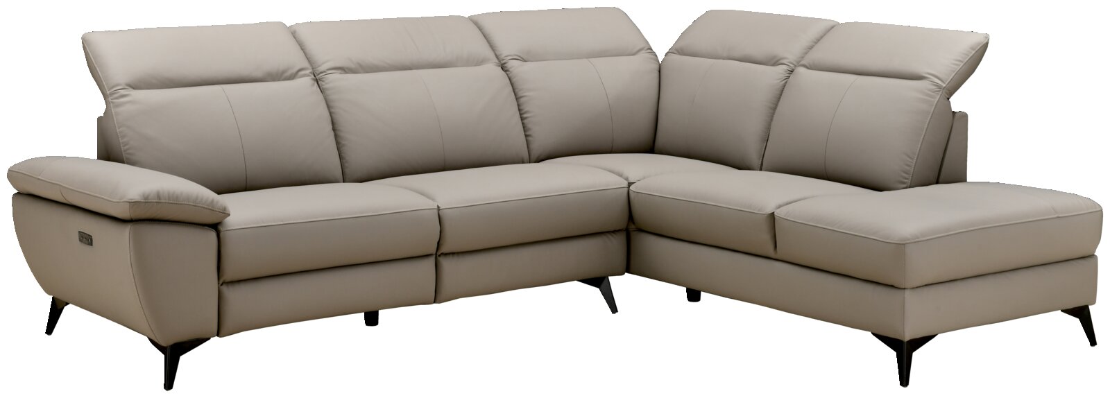 Ecksofa XORA PARIS in hellgrauem Leder, Perspektive von vorne links, mit verstellbaren Kopfstützen und modernen schwarzen Füßen.