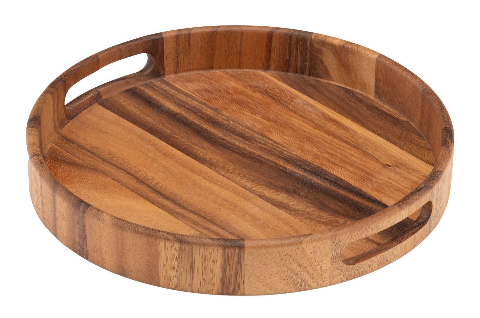 Rundes Holztablett mit Griffen, aus der Vogelperspektive fotografiert.