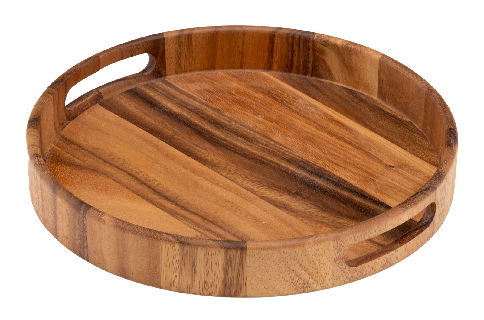 Rundes Holztablett mit Griffen, aus der Vogelperspektive fotografiert.