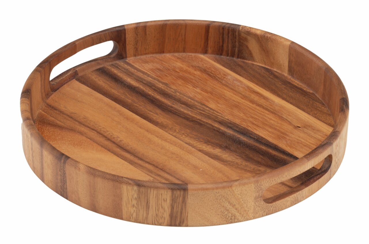 Rundes Holztablett mit Griffen, aus der Vogelperspektive fotografiert.