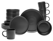 Schwarzes Kombiservice Nero 16-tlg. aus der Vogelperspektive, bestehend aus Tellern, Schalen und Tassen.