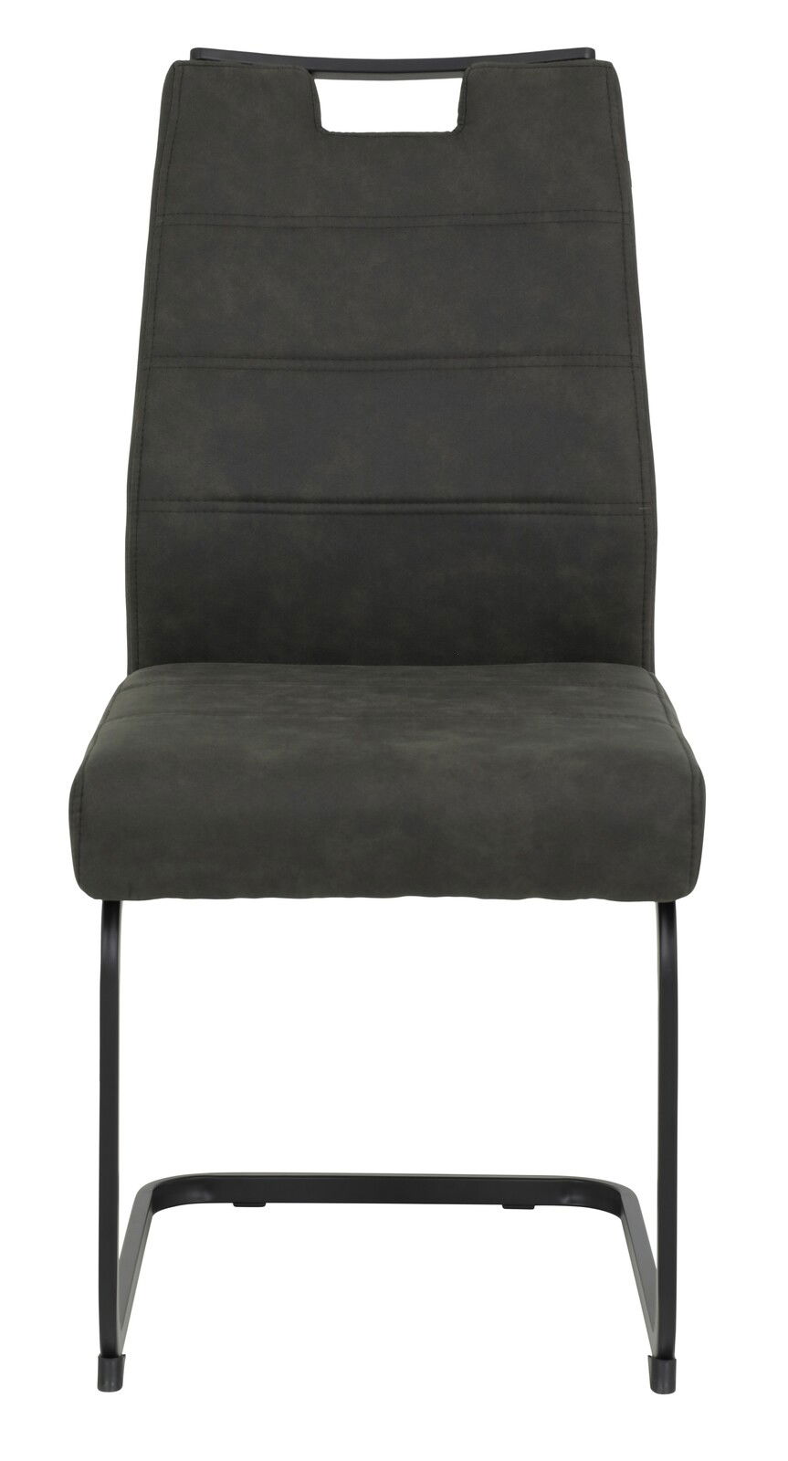 Frontansicht eines modernen Schwingstuhls mit schwarzem Gestell und dunkelgrauem Polster.