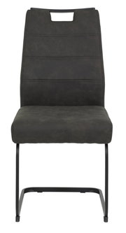 Vooraanzicht van een moderne schommelstoel met een zwart frame en donkergrijze bekleding.