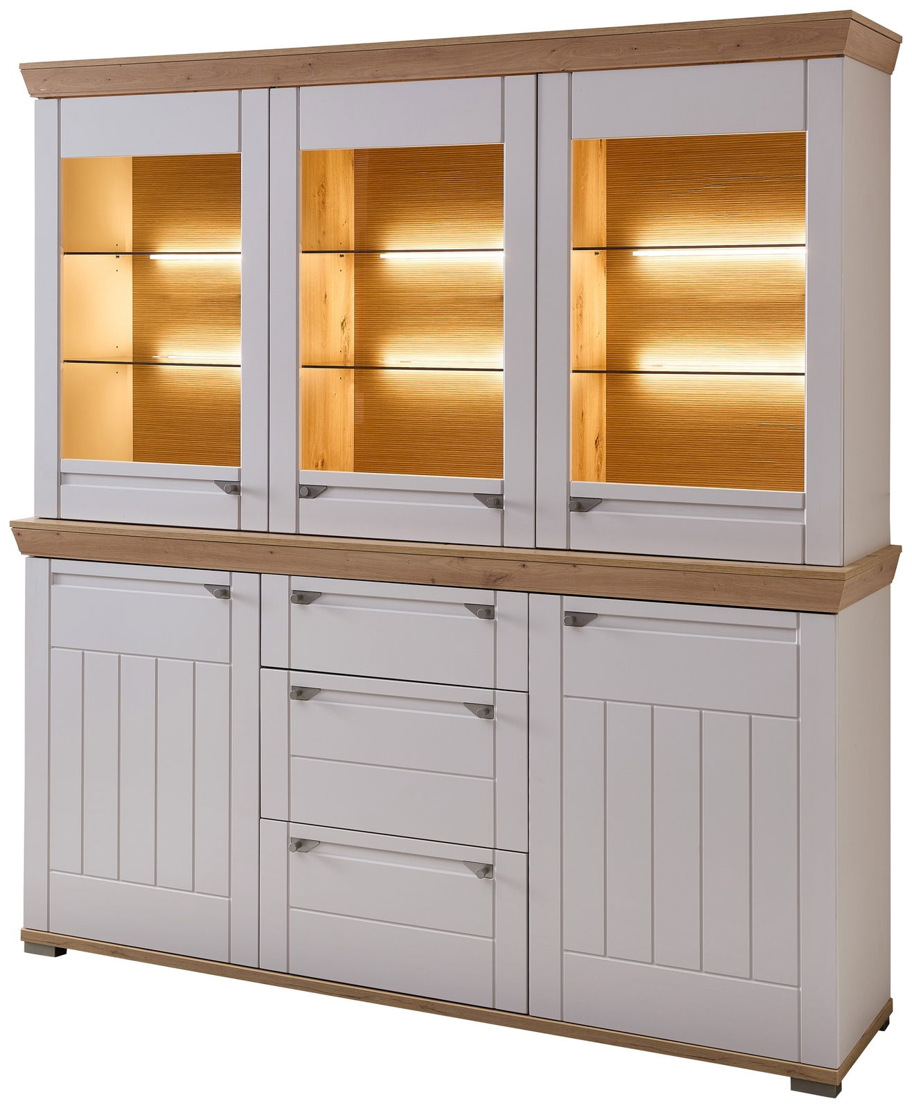 Moderner Buffetschrank mit Holz- und Glaselementen, frontal betrachtet, mit integrierter Beleuchtung.