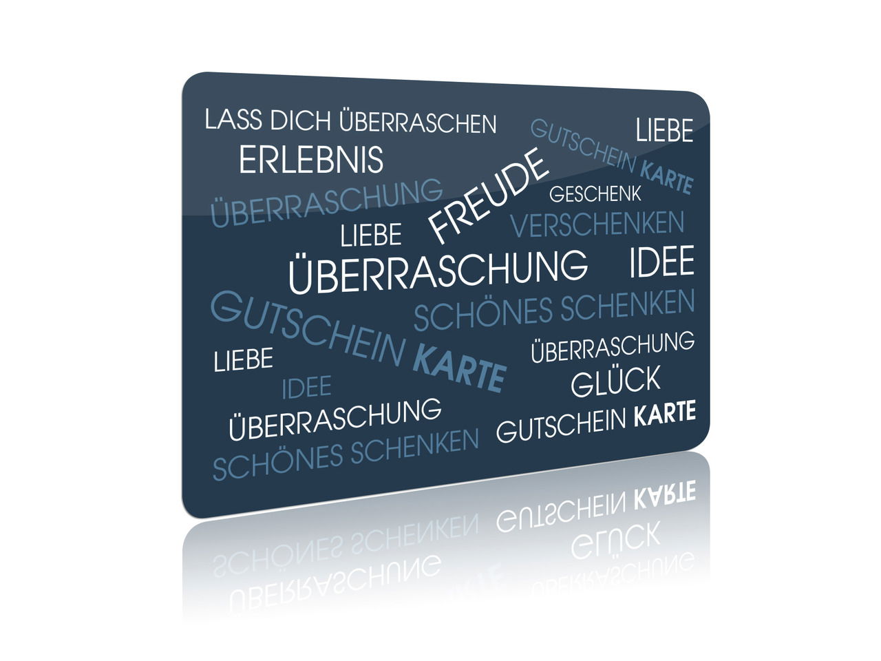 Geschenkgutschein im Querformat mit Wörtern wie Überraschung, Freude und Liebe in verschiedenen Schriftgrößen auf dunkelblauem Hintergrund.