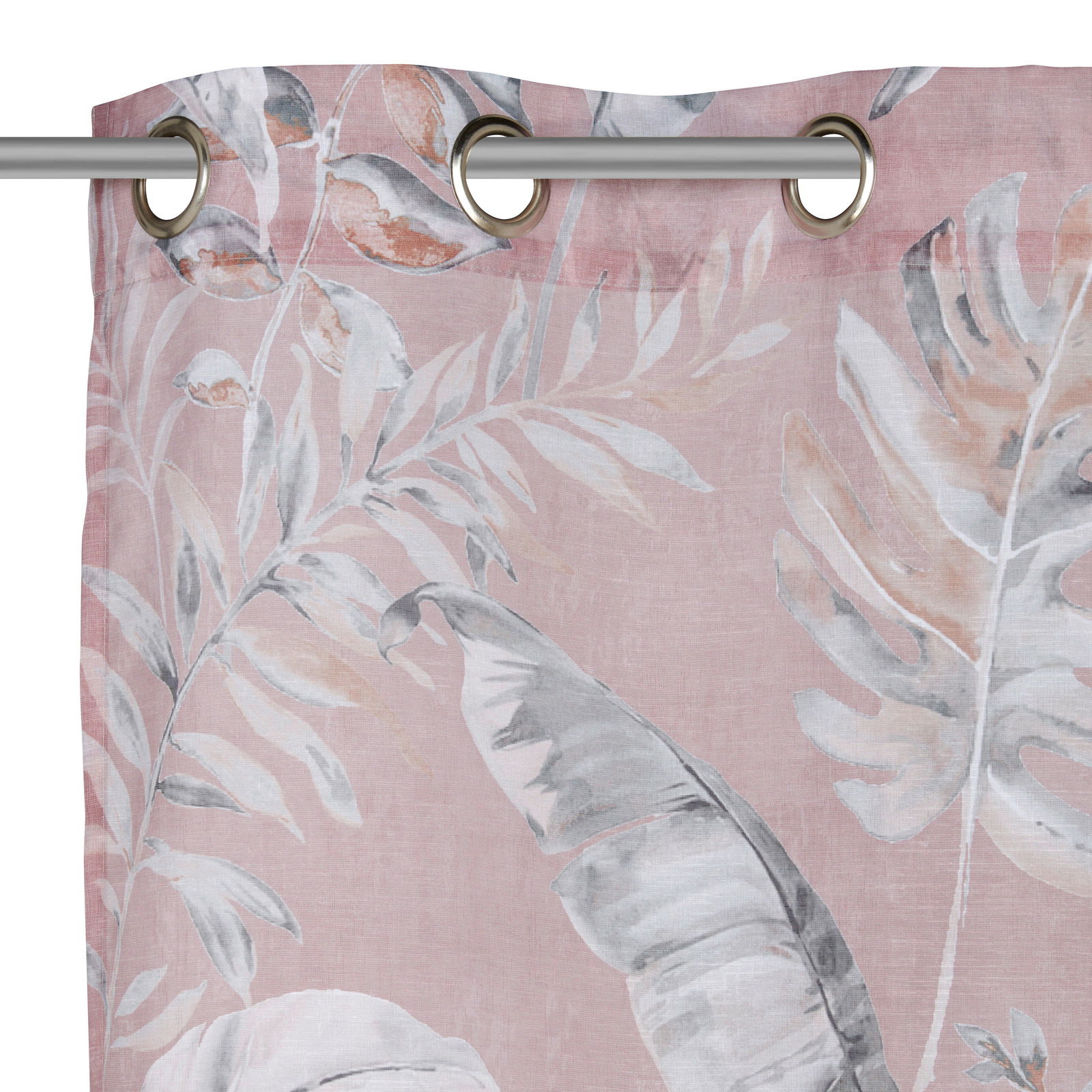 Fertigvorhang mit floralem Muster in Pastelltönen, Nahaufnahme von oben mit Ösen zur Befestigung an einer Gardinenstange.