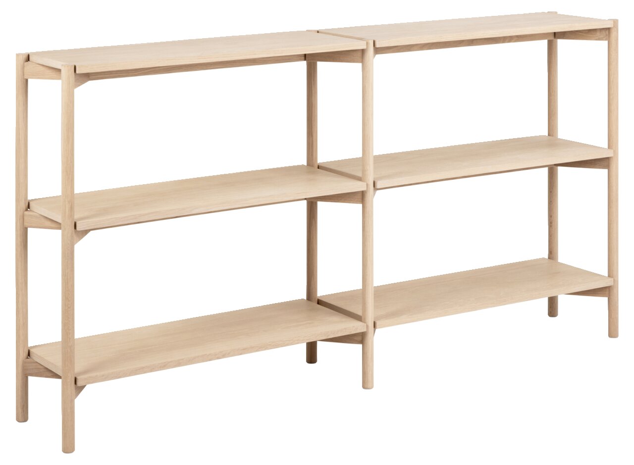 Holzregal mit drei Ebenen, seitliche Perspektive