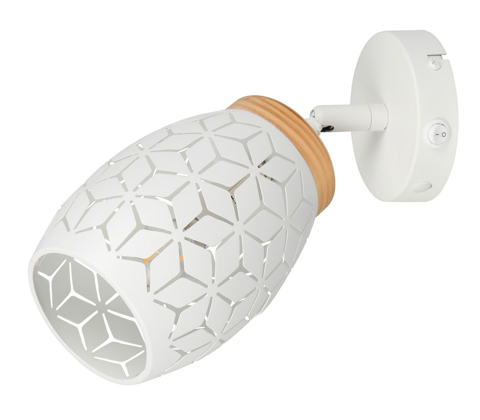 Weißer Strahler mit geometrischem Muster und Holzdetail, seitliche Perspektive