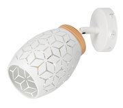 Weißer Strahler mit geometrischem Muster und Holzdetail, seitliche Perspektive