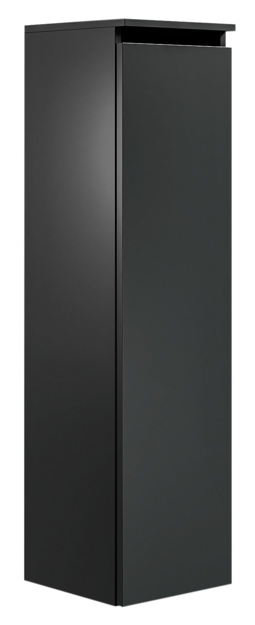 Schwarzer, moderner Hochschrank in Frontansicht mit glatter Oberfläche und minimalistischen Design.