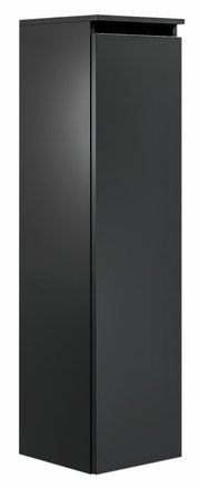 Schwarzer, moderner Hochschrank in Frontansicht mit glatter Oberfläche und minimalistischen Design.