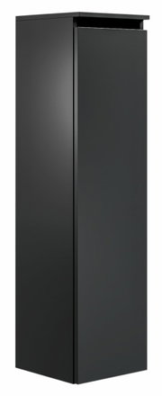 Schwarzer, moderner Hochschrank in Frontansicht mit glatter Oberfläche und minimalistischen Design.