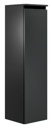 Schwarzer, moderner Hochschrank in Frontansicht mit glatter Oberfläche und minimalistischen Design.