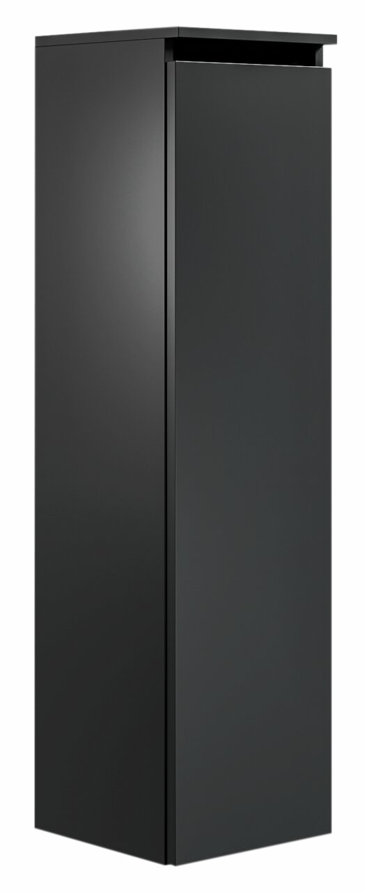 Zwarte, moderne hoge kast, gezien vanaf de voorkant, met een glad oppervlak en een minimalistisch ontwerp.