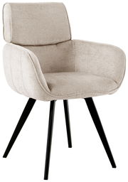 Beiger Armlehnstuhl mit schwarzem Metallgestell, seitliche Perspektive