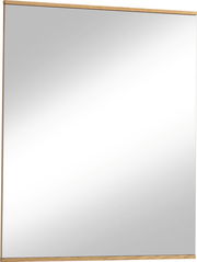 Rechteckiger Spiegel mit Holzrahmen, leicht von der Seite betrachtet