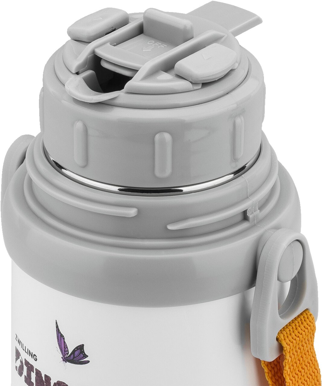 Grauer Deckel einer Thermoflasche mit Becher, seitliche Perspektive, mit gelbem Trageband und Schmetterlingsmotiv.
