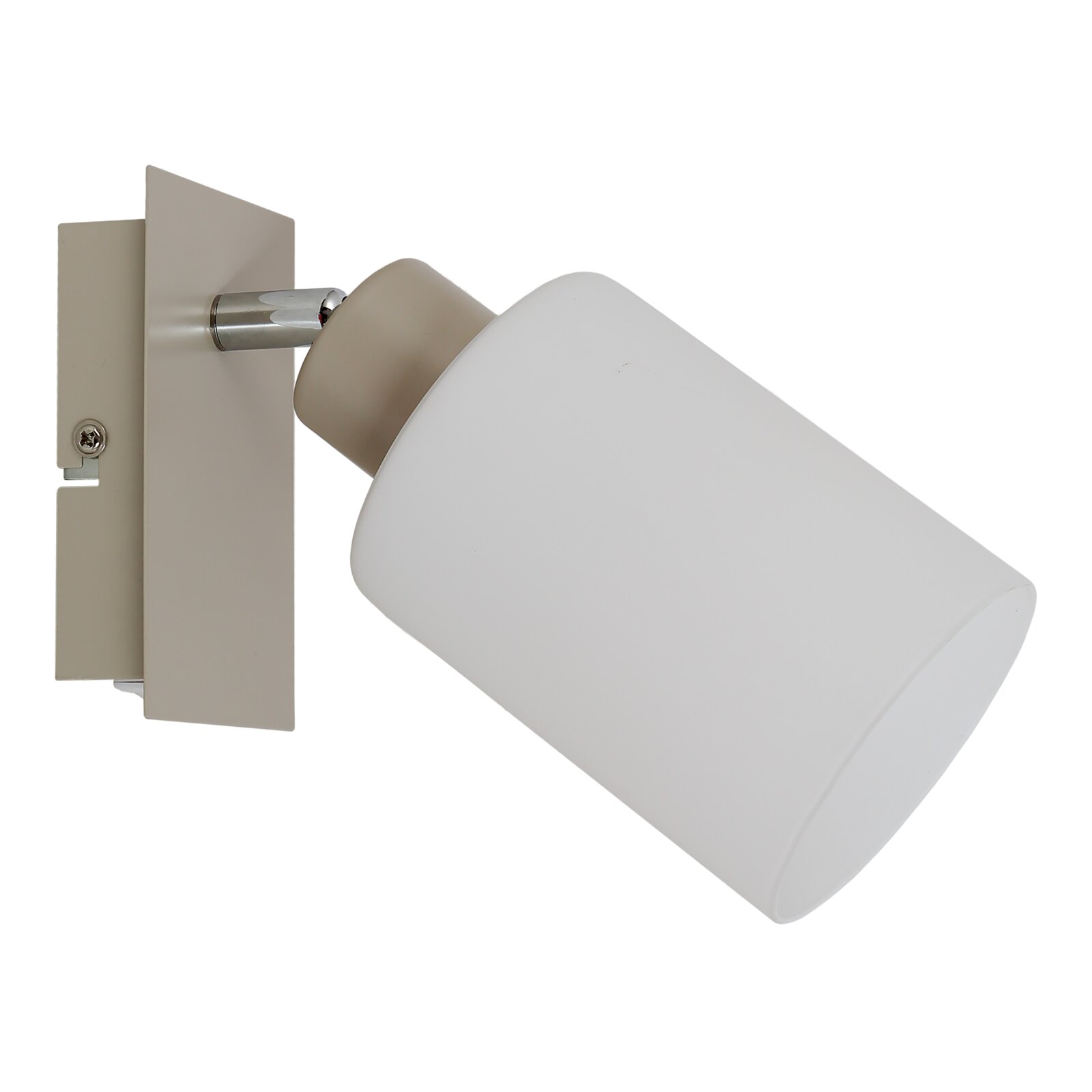 Moderne Wandlampe/Spot mit weißem zylindrischem Schirm, eckiger Wandhalterung und Chromgelenk, seitliche Ansicht in leichter Schrägperspektive