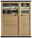 Frontansicht eines modernen Highboards aus Holz mit Glaseinsätzen und Beleuchtung, dekoriert mit Geschirr.