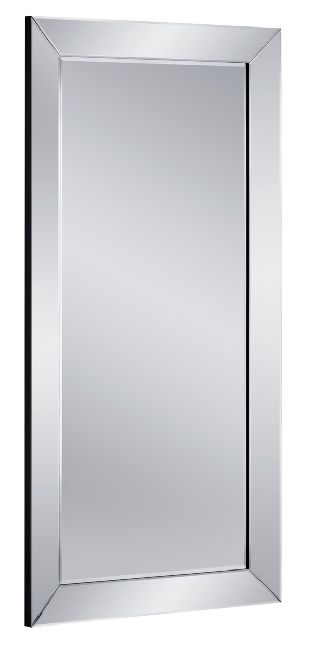 Großer rechteckiger Spiegel mit silbernem Rahmen, perspektivisch von der Seite fotografiert.