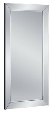 Großer rechteckiger Spiegel mit silbernem Rahmen, perspektivisch von der Seite fotografiert.
