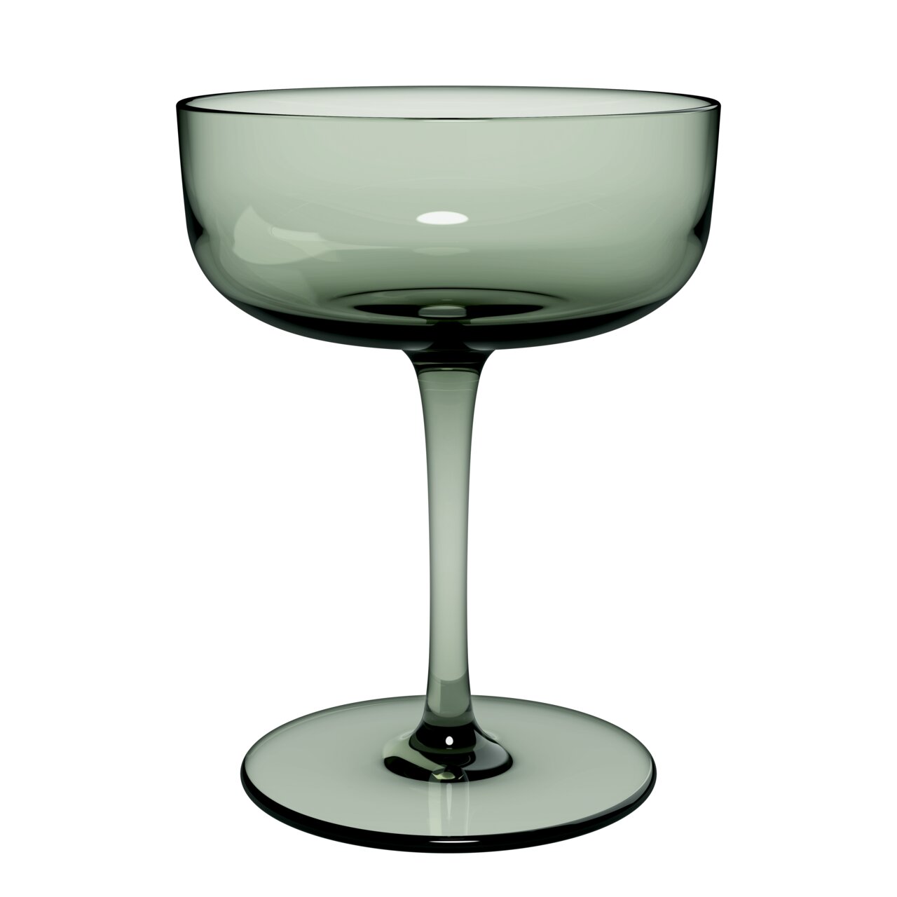 Elegante grüne Sekt- und Dessertschale aus Glas, seitliche Ansicht.