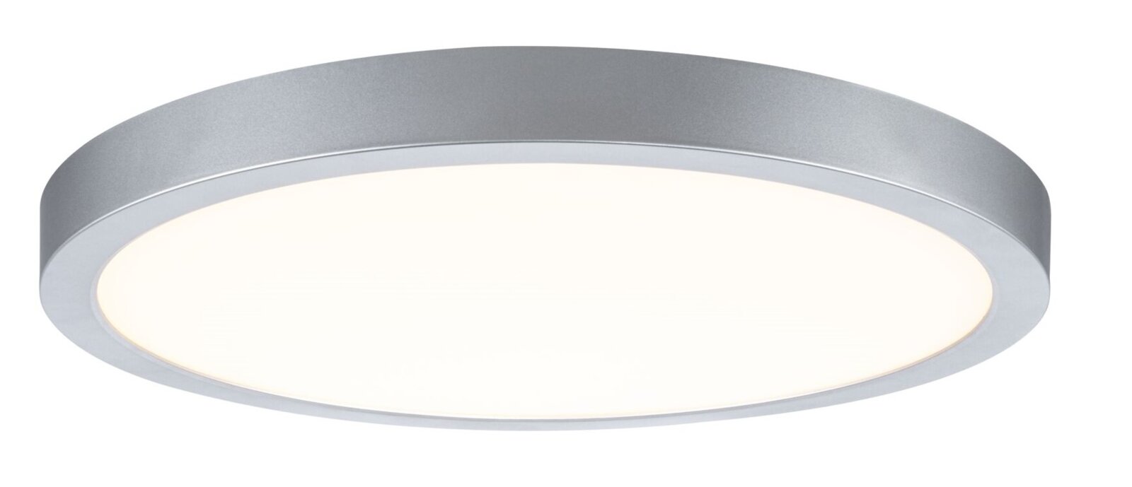 Runde LED-Deckenleuchte mit silbernem Rahmen und opaler Abdeckung, Ansicht von unten in leichter Perspektive