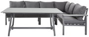 Lounge-Set mit grauem Ecksofa und passendem Tisch, seitliche Perspektive