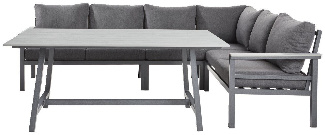 Loungeset met grijze hoekbank en bijpassende tafel, zijaanzicht
