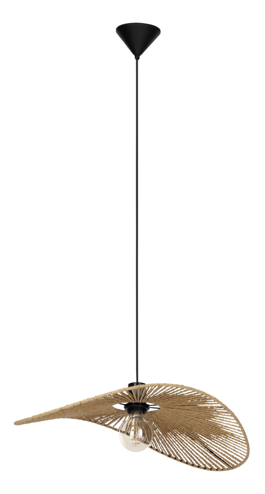 Eglo Leuchten Pendelleuchte SIRUELA Moderne Pendelleuchte SIRUELA mit einem eleganten, geflochtenen Schirm in Naturfarbe und einer sichtbaren Glühbirne, seitliche Perspektive