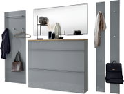 Modernes Flur-Garderoben-Set in Grau mit Schuhschrank und Holzablage, großem Wandspiegel sowie zwei Garderobenpaneelen mit Haken und Kleiderstange, frontal in leichter Schrägansicht dargestellt