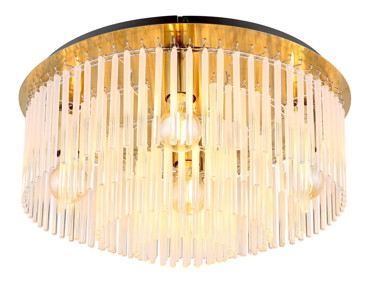 Deckenleuchte GORLEY mit goldener Basis und hängenden Glasstäben, seitliche Perspektive