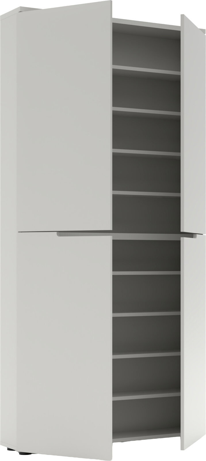 XORA Hoge XL-schoenenkast BRESTA Weißer, hoher Schrank mit zwei geöffneten Türen und mehreren Einlegeböden, Ansicht schräg von vorn.