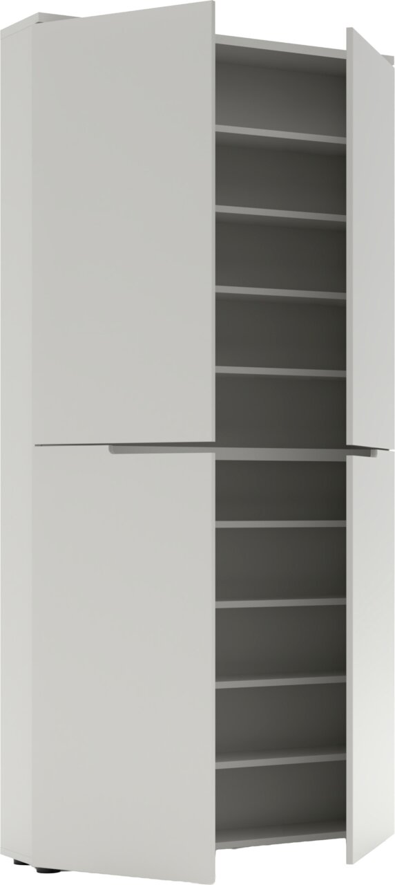 Witte, hoge kast met twee open deuren en meerdere legplanken, schuin vooraanzicht.