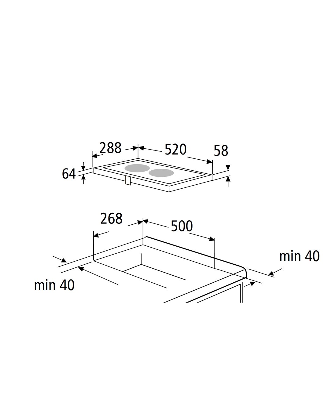 Technische Maßzeichnung eines rechteckigen Einbau-Kochfelds mit zwei Kochzonen, dargestellt in isometrischer Schrägansicht von oben; Maße ca. 520×288 mm, Höhe 58/64 mm, Ausschnitt 500×268 mm und Mindestabstand 40 mm.