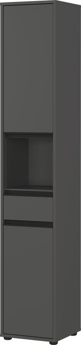 Moderner, grauer Hochschrank mit zwei Türen und einem offenen Fach, seitliche Perspektive