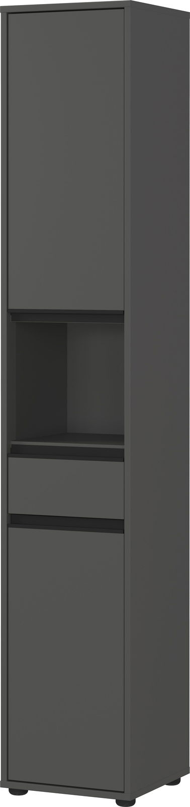 MID.YOU Hochschrank LEMONT Moderner, grauer Hochschrank mit zwei Türen und einem offenen Fach, seitliche Perspektive