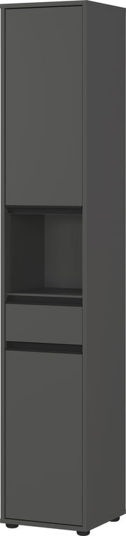 Moderner, grauer Hochschrank mit zwei Türen und einem offenen Fach, seitliche Perspektive