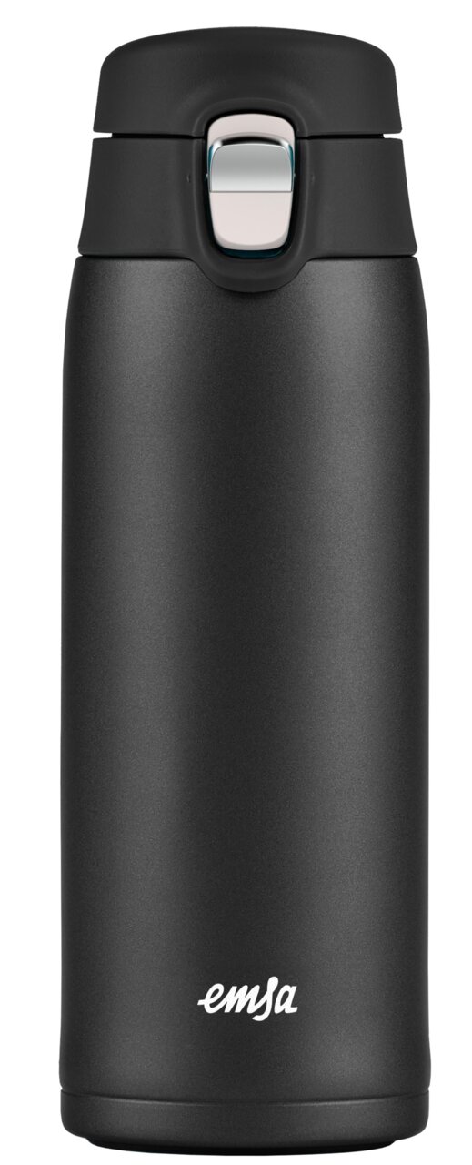 Schwarzer Thermobecher mit silbernem Verschluss, Vorderansicht