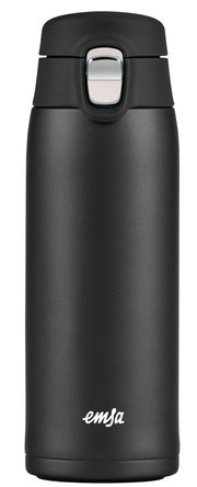 Schwarzer Thermobecher mit silbernem Verschluss, Vorderansicht