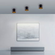 Drei schwarze LED-Deckenleuchten PURE POINT von Neuhaus, montiert an einer grauen Decke, beleuchten einen modernen Raum mit einem großen abstrakten Kunstwerk an der Wand. Perspektive von unten.