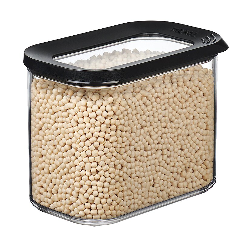 Mepal Voorraadbus MODULA Bewaarpot Modula 1000 ml met zwarte deksel, gevuld met kleine witte bolletjes, gefotografeerd vanuit een zijaanzicht.