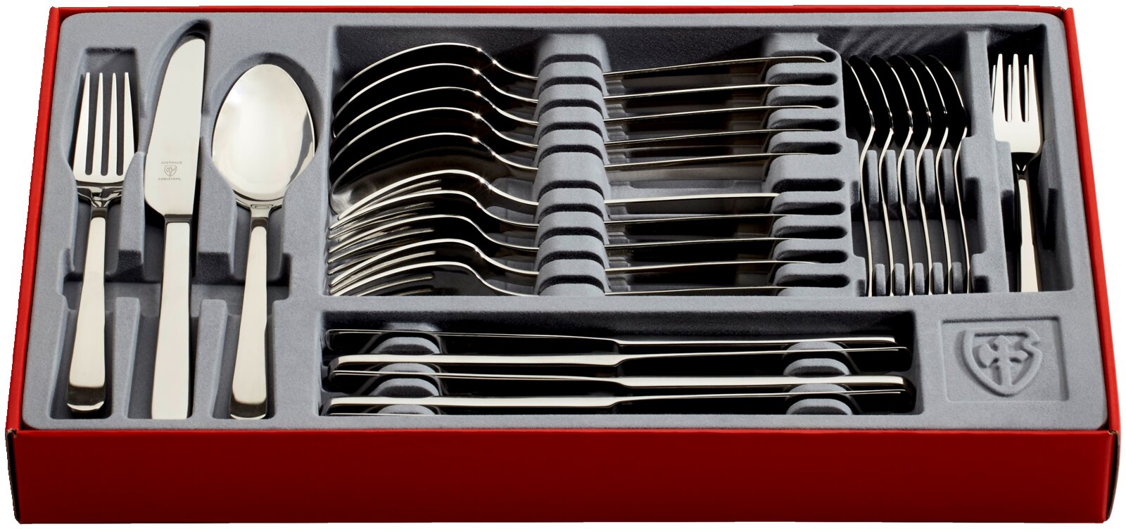 Besteckset Style Art 30-teilig in roter Box, von oben fotografiert