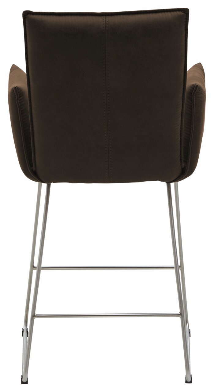 Rückansicht eines Tresensessels mit braunem Polster und Metallbeinen.