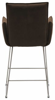 Rückansicht eines Tresensessels mit braunem Polster und Metallbeinen.