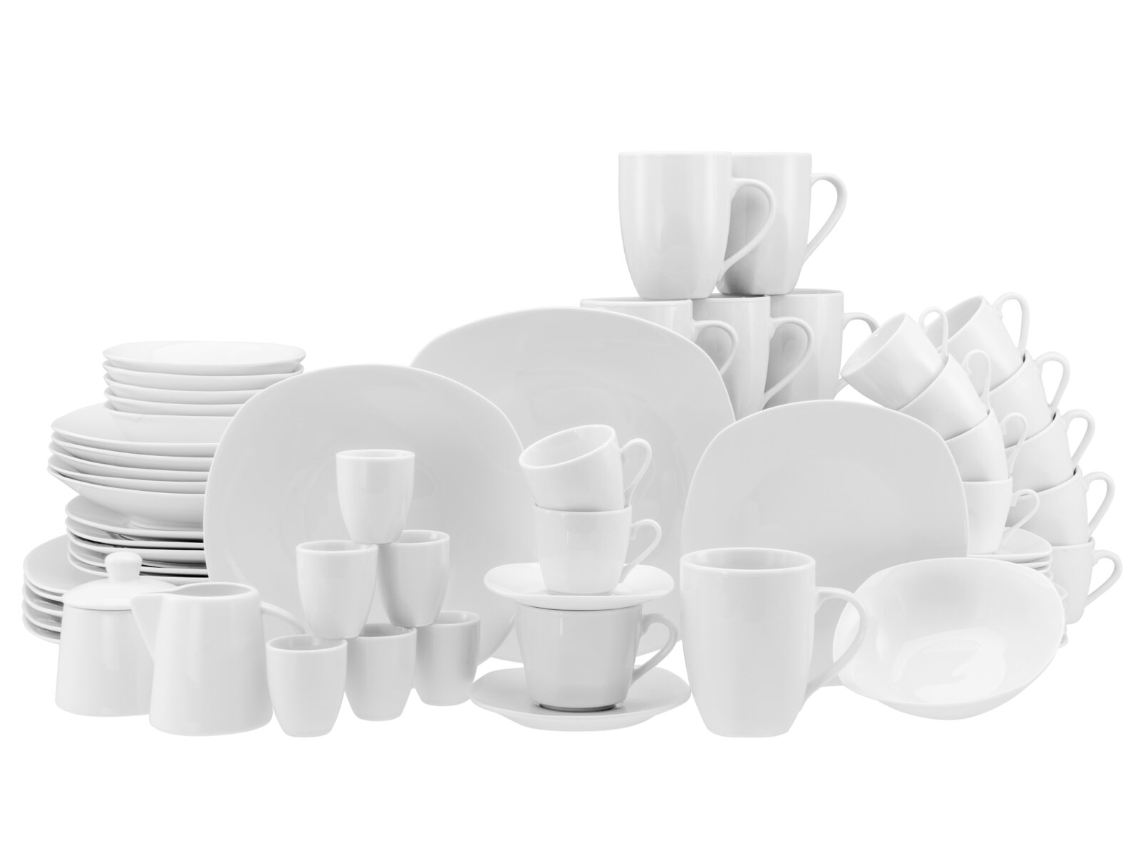 Weißes Porzellan-Geschirrset mit Tellern, Schüsseln, Tassen, Bechern, Untertassen, Kanne und Zuckerdose, frontal in leichter Schrägansicht vor weißem Hintergrund